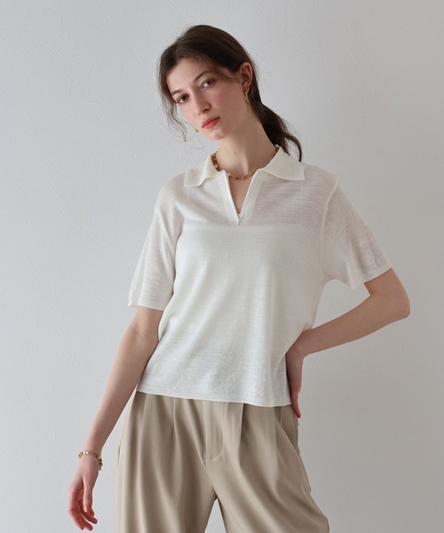 【新品未使用】H BEAUTY＆YOUTH☆ハーフジップニットポロ☆M☆ベージュ ユニセックス) カラーハーフジップアップニット | ファッション