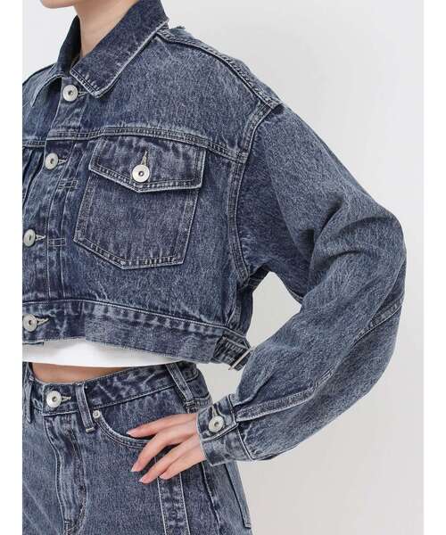 GYDA（ジェイダ）の「Symmetry GYDA DAMAGEショートデニムGジャン【SETUP着用可】（デニムジャケット・レディース・ライトブルー/ブルー・FREE）」の6枚目の写真