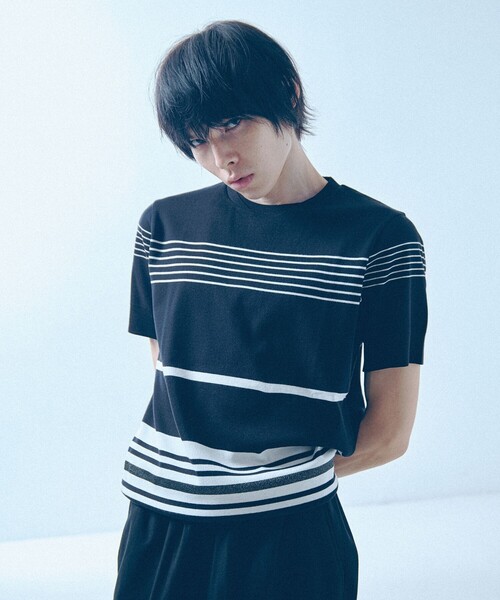 5351 POUR LES HOMMES(ゴーサンゴーイチプールオム)の「【定番人気】セーターマシーン ボーダー クルーネック ニット Tシャツ(Tシャツ/カットソー・メンズ・ブラック/ホワイト・50/48/46/44)」の1枚目の写真