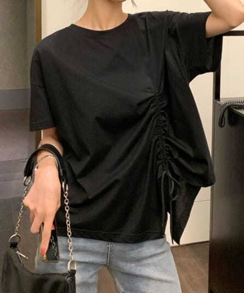SHEPP(シープ)の「ドロストリボンバックスリットデザイントップス 半袖(Tシャツ/カットソー・レディース・ホワイト/ブラック・L/M)」の2枚目の写真