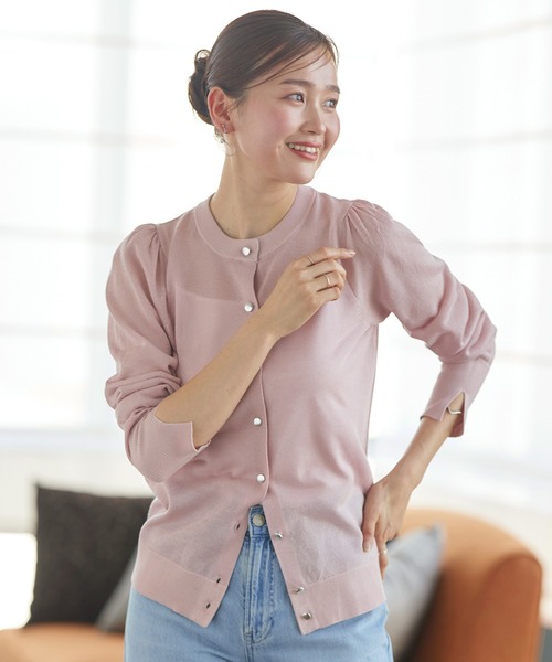RUIRUE BOUTIQUE(ルイルエブティック)の「洗える ストレッチ | メタルボタン カラー パフ カーデ | レディース きれいめ 長袖 オフィスカジュアル 通勤服 サマーニット ニットトップス リブニット カーディガン(カーディガン/ボレロ・レディース・ライトブルー/ライトグリーン/ピンク/ブラック/チャコールグレー・M/L)」の5枚目の写真