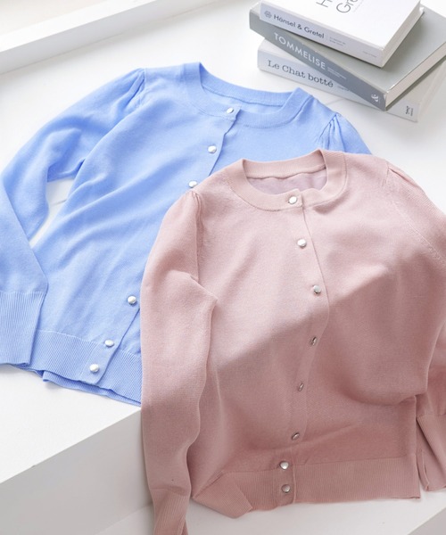 RUIRUE BOUTIQUE(ルイルエブティック)の「洗える ストレッチ | メタルボタン カラー パフ カーデ | レディース きれいめ 長袖 オフィスカジュアル 通勤服 サマーニット ニットトップス リブニット カーディガン(カーディガン/ボレロ・レディース・ライトブルー/ライトグリーン/ピンク/ブラック/チャコールグレー・M/L)」の6枚目の写真