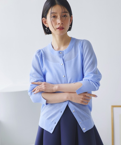 RUIRUE BOUTIQUE(ルイルエブティック)の「洗える ストレッチ | メタルボタン カラー パフ カーデ | レディース きれいめ 長袖 オフィスカジュアル 通勤服 サマーニット ニットトップス リブニット カーディガン(カーディガン/ボレロ・レディース・ライトブルー/ライトグリーン/ピンク/ブラック/チャコールグレー・M/L)」の7枚目の写真