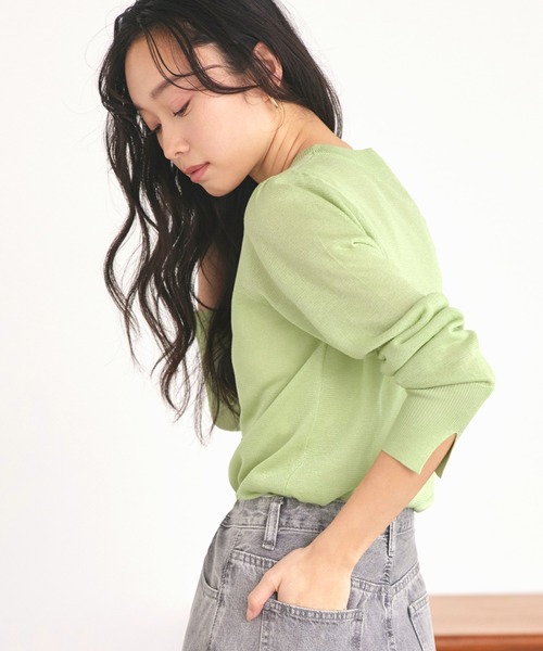 RUIRUE BOUTIQUE(ルイルエブティック)の「洗える ストレッチ | メタルボタン カラー パフ カーデ | レディース きれいめ 長袖 オフィスカジュアル 通勤服 サマーニット ニットトップス リブニット カーディガン(カーディガン/ボレロ・レディース・ライトブルー/ライトグリーン/ピンク/ブラック/チャコールグレー・M/L)」の15枚目の写真