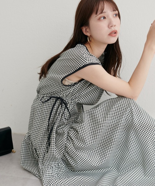 ドロストデザインチェック柄ワンピース（ワンピース）｜natural