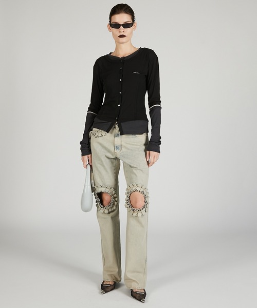 PRANK PROJECT（プランクプロジェクト）の「レイヤードシアーフライスカーデ / Layered sheer Fraise Cardigan（カーディガン/ボレロ・レディース・ブラック/チャコールグレー/ベージュ・FREE）」の4枚目の写真