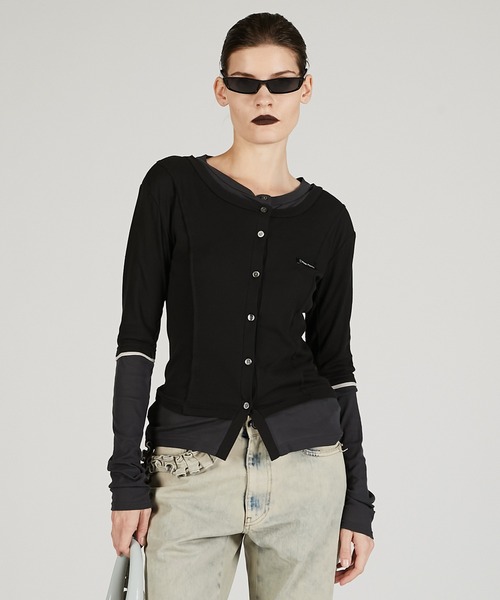 PRANK PROJECT（プランクプロジェクト）の「レイヤードシアーフライスカーデ / Layered sheer Fraise Cardigan（カーディガン/ボレロ・レディース・ブラック/チャコールグレー/ベージュ・FREE）」の7枚目の写真