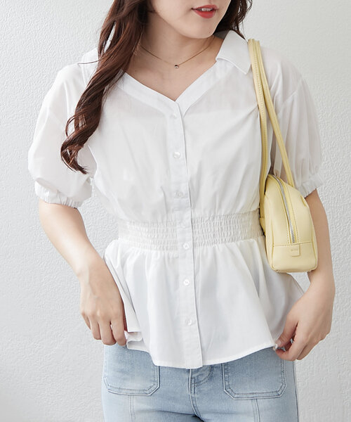 セール】【スタイルアップ効果抜群】スキッパー半袖ブラウス