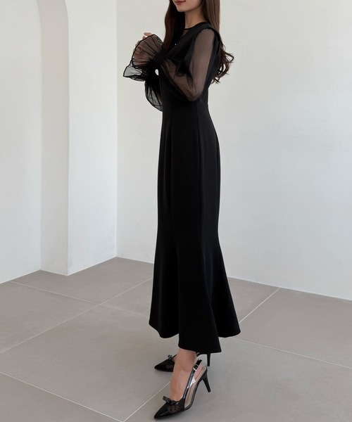 セール】チュールシアーブラウス＋Vネックマーメイドワンピース