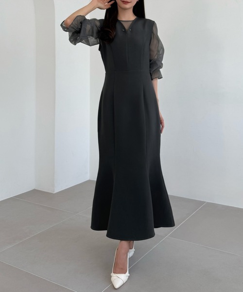 【ゆい】WILLFULLY シアーマーメイドワンピース/ブラック セール】チュールシアーブラウス＋Vネックマーメイドワンピース