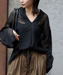 H29♪ 9m ★linen 麻100 ダンガリー ネイビー 紺 布地 生地 45R綿麻瑠璃ダンガリーのカットワークフリルシャツ（濃）: WOMEN｜45R