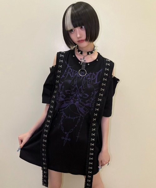NOVESSEL(ノベセル)の「『TricuspidC/トライカスピッドシー』スカルプリントデザインTシャツ(Tシャツ/カットソー・レディース・ブラック×パープル/ホワイト/ブラック×ホワイト・FREE)」の11枚目の写真