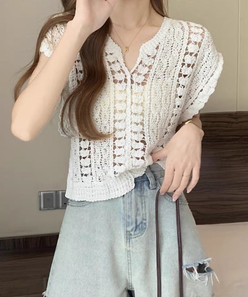 gossip!ロサンゼルス(ゴシップロサンゼルス)の「クロシェ編み スキッパーネックフェミニンサマーニット(ニット/セーター・レディース・オフホワイト/ホワイト・FREE)」の11枚目の写真