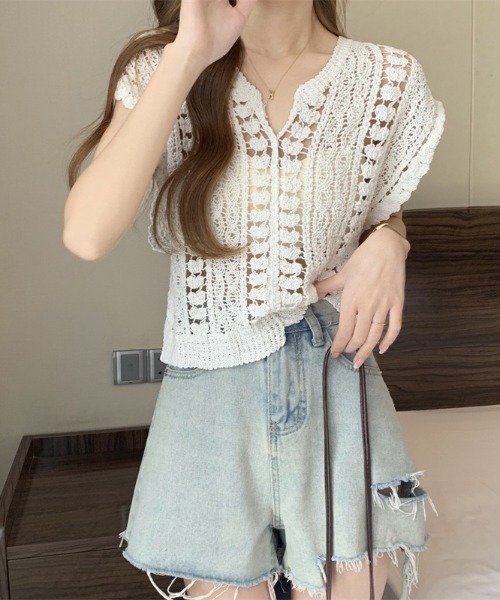 gossip!ロサンゼルス(ゴシップロサンゼルス)の「クロシェ編み スキッパーネックフェミニンサマーニット(ニット/セーター・レディース・オフホワイト/ホワイト・FREE)」の18枚目の写真