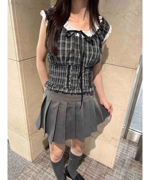 PHILLY(フィリー)の「【PHILLY】フリルノースリーブチェックトップス(シャツ/ブラウス・レディース・ブラック/ブラウン・FREE)」の6枚目の写真