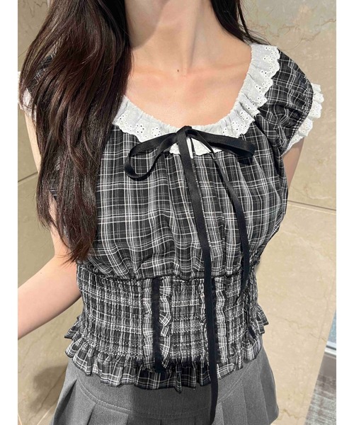 PHILLY(フィリー)の「【PHILLY】フリルノースリーブチェックトップス(シャツ/ブラウス・レディース・ブラック/ブラウン・FREE)」の3枚目の写真