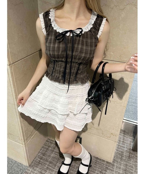 PHILLY(フィリー)の「【PHILLY】フリルノースリーブチェックトップス(シャツ/ブラウス・レディース・ブラック/ブラウン・FREE)」の8枚目の写真