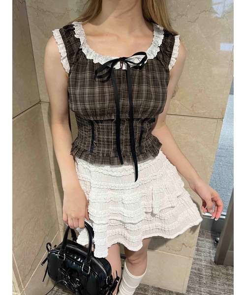 PHILLY(フィリー)の「【PHILLY】フリルノースリーブチェックトップス(シャツ/ブラウス・レディース・ブラック/ブラウン・FREE)」の9枚目の写真