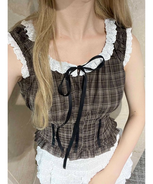 PHILLY(フィリー)の「【PHILLY】フリルノースリーブチェックトップス(シャツ/ブラウス・レディース・ブラック/ブラウン・FREE)」の12枚目の写真