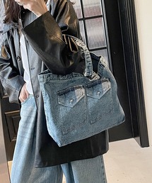 パッチポケット付き デニム ビッグ スクエア トートバッグ