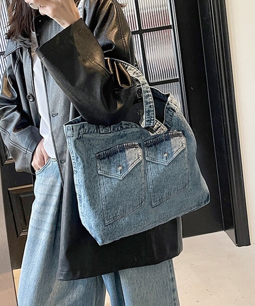 Lace Ladies(レースレディース)の「パッチポケット付き デニム ビッグ スクエア トートバッグ(トートバッグ・レディース・ブラック/ブルー/ネイビー・FREE)」の3枚目の写真