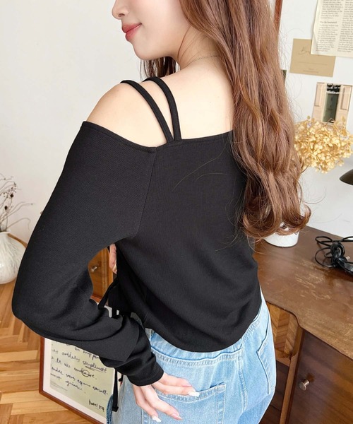 moment+(モーメントプラス)の「ワンショルドロストリボン長袖リブカットソートップス(Tシャツ/カットソー・レディース・アイボリー/チャコールグレー/ブラック/ネイビー・M/L)」の10枚目の写真