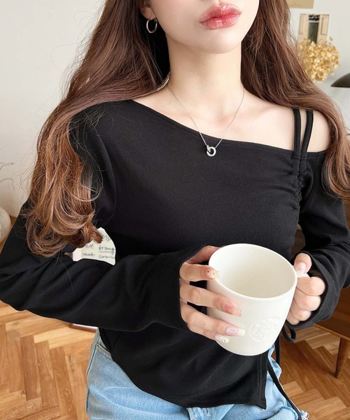 moment+(モーメントプラス)の「ワンショルドロストリボン長袖リブカットソートップス(Tシャツ/カットソー・レディース・アイボリー/チャコールグレー/ブラック/ネイビー・M/L)」の11枚目の写真