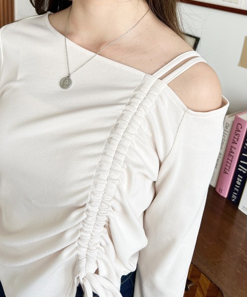 moment+(モーメントプラス)の「ワンショルドロストリボン長袖リブカットソートップス(Tシャツ/カットソー・レディース・アイボリー/チャコールグレー/ブラック/ネイビー・M/L)」の18枚目の写真