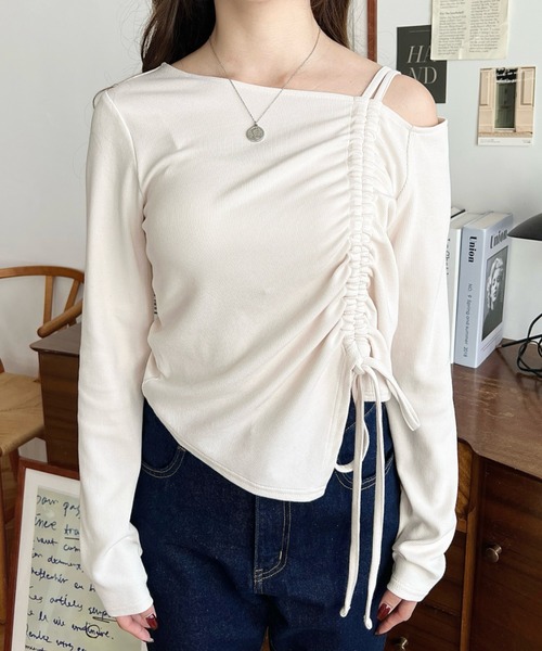 moment+(モーメントプラス)の「ワンショルドロストリボン長袖リブカットソートップス(Tシャツ/カットソー・レディース・アイボリー/チャコールグレー/ブラック/ネイビー・M/L)」の16枚目の写真