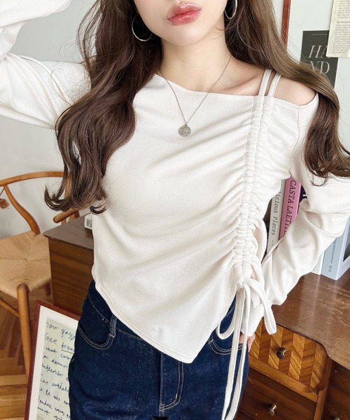moment+(モーメントプラス)の「ワンショルドロストリボン長袖リブカットソートップス(Tシャツ/カットソー・レディース・アイボリー/チャコールグレー/ブラック/ネイビー・M/L)」の13枚目の写真