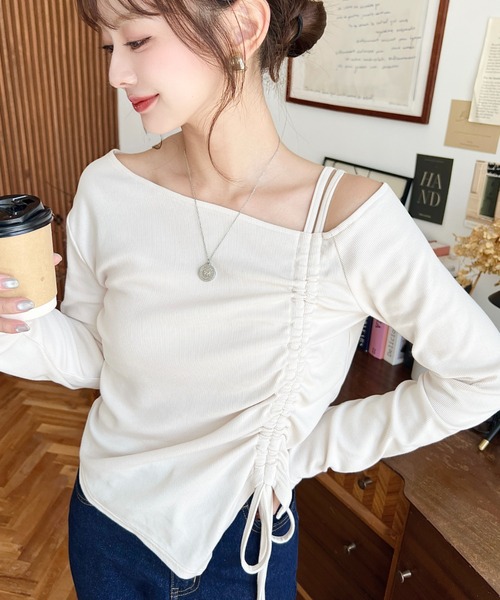 moment+(モーメントプラス)の「ワンショルドロストリボン長袖リブカットソートップス(Tシャツ/カットソー・レディース・アイボリー/チャコールグレー/ブラック/ネイビー・M/L)」の22枚目の写真