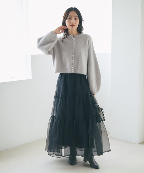 【美品】ラブティックボンボン/シアーオーガンジースカート ブラック 名品・3サイズ展開あり】シアーオーガンジーティアードスカート