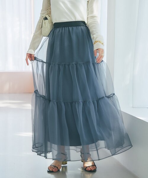 La boutique BonBon（ラブティックボンボン）の「【今すぐお届け！・3サイズ展開あり】シアーオーガンジーティアードスカート（スカート・レディース・チャコールグレー/ブラック・FREE/36/PS）」の6枚目の写真