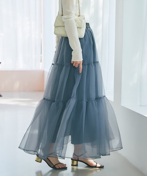 La boutique BonBon（ラブティックボンボン）の「【今すぐお届け！・3サイズ展開あり】シアーオーガンジーティアードスカート（スカート・レディース・チャコールグレー/ブラック・FREE/36/PS）」の7枚目の写真