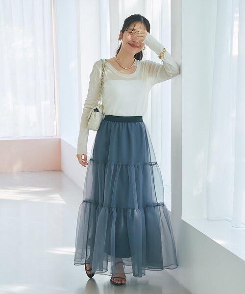 La boutique BonBon（ラブティックボンボン）の「【今すぐお届け！・3サイズ展開あり】シアーオーガンジーティアードスカート（スカート・レディース・チャコールグレー/ブラック・FREE/36/PS）」の12枚目の写真