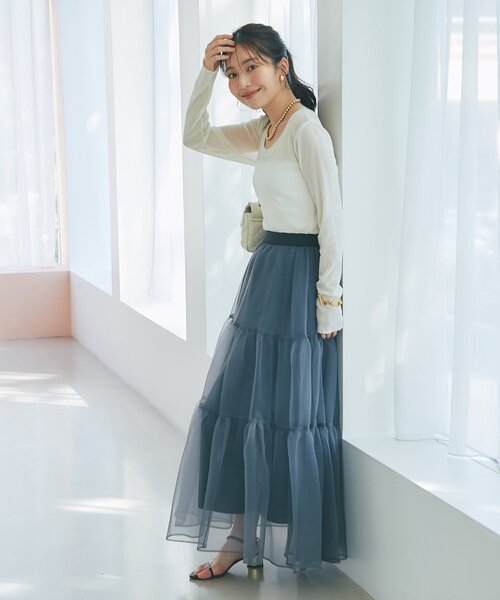 La boutique BonBon（ラブティックボンボン）の「【今すぐお届け！・3サイズ展開あり】シアーオーガンジーティアードスカート（スカート・レディース・チャコールグレー/ブラック・FREE/36/PS）」の13枚目の写真