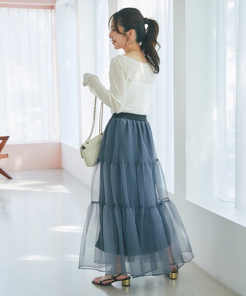 La boutique BonBon（ラブティックボンボン）の「【今すぐお届け！・3サイズ展開あり】シアーオーガンジーティアードスカート（スカート・レディース・チャコールグレー/ブラック・FREE/36/PS）」の14枚目の写真