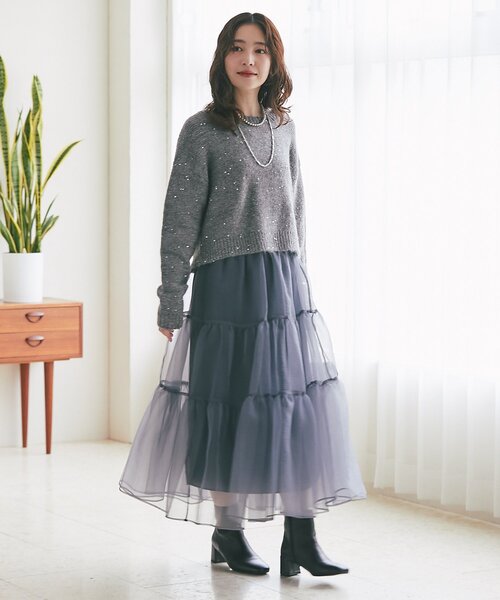 La boutique BonBon（ラブティックボンボン）の「【今すぐお届け！・3サイズ展開あり】シアーオーガンジーティアードスカート（スカート・レディース・チャコールグレー/ブラック・FREE/36/PS）」の16枚目の写真