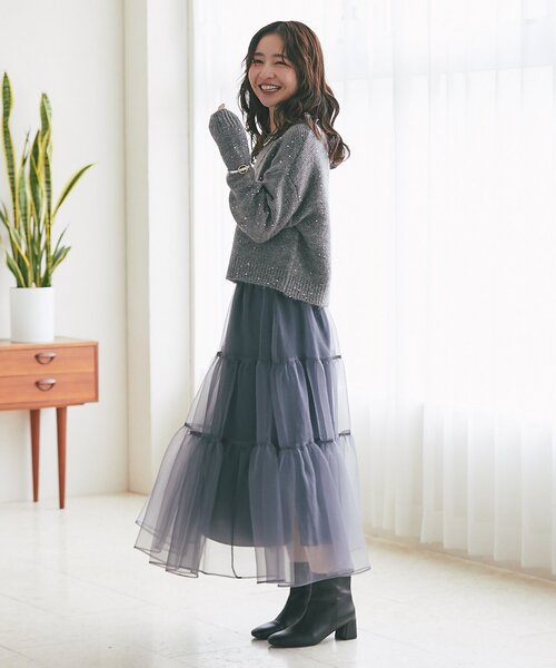 La boutique BonBon（ラブティックボンボン）の「【今すぐお届け！・3サイズ展開あり】シアーオーガンジーティアードスカート（スカート・レディース・チャコールグレー/ブラック・FREE/36/PS）」の17枚目の写真