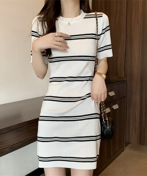 blackdia ocean(ブラックダイヤオーシャン)の「blackdia ocean blackdia ocean サマーニット ボーダー ワンピース(ワンピース・レディース・ブラック/ホワイト/ダークベージュ/グレー・FREE)」の2枚目の写真