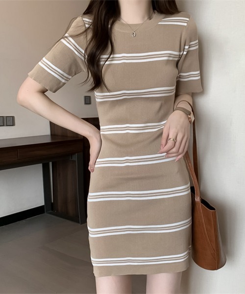 blackdia ocean(ブラックダイヤオーシャン)の「blackdia ocean blackdia ocean サマーニット ボーダー ワンピース(ワンピース・レディース・ブラック/ホワイト/ダークベージュ/グレー・FREE)」の4枚目の写真