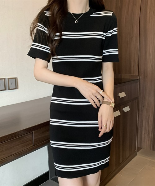 blackdia ocean(ブラックダイヤオーシャン)の「blackdia ocean blackdia ocean サマーニット ボーダー ワンピース(ワンピース・レディース・ブラック/ホワイト/ダークベージュ/グレー・FREE)」の1枚目の写真