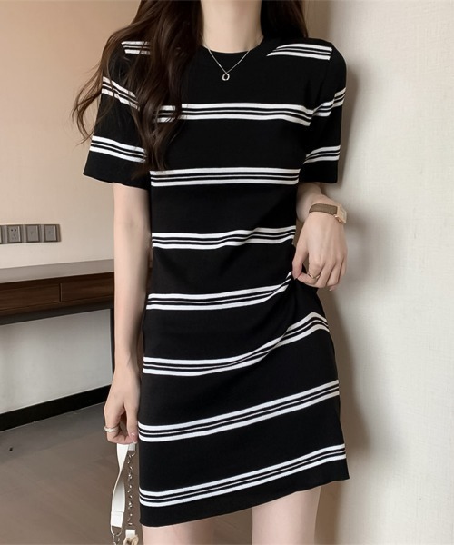 blackdia ocean(ブラックダイヤオーシャン)の「blackdia ocean blackdia ocean サマーニット ボーダー ワンピース(ワンピース・レディース・ブラック/ホワイト/ダークベージュ/グレー・FREE)」の6枚目の写真