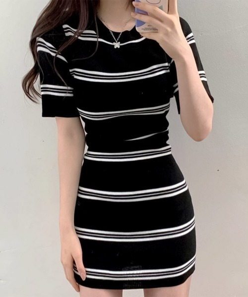 blackdia ocean(ブラックダイヤオーシャン)の「blackdia ocean blackdia ocean サマーニット ボーダー ワンピース(ワンピース・レディース・ブラック/ホワイト/ダークベージュ/グレー・FREE)」の10枚目の写真