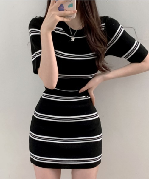 blackdia ocean(ブラックダイヤオーシャン)の「blackdia ocean blackdia ocean サマーニット ボーダー ワンピース(ワンピース・レディース・ブラック/ホワイト/ダークベージュ/グレー・FREE)」の12枚目の写真