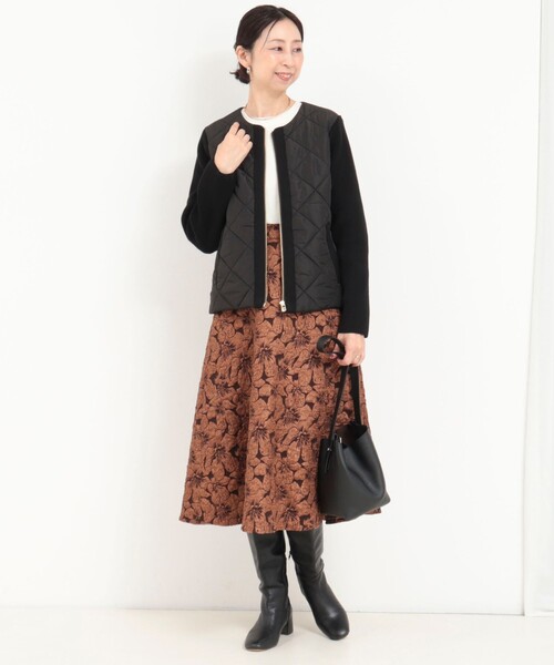 45R 未使用スカラップレース刺繍 ノーカラージャケット(ダークグリーン) 中綿×ニット切替ノーカラージャケット（ブルゾン）｜MICO COULIER