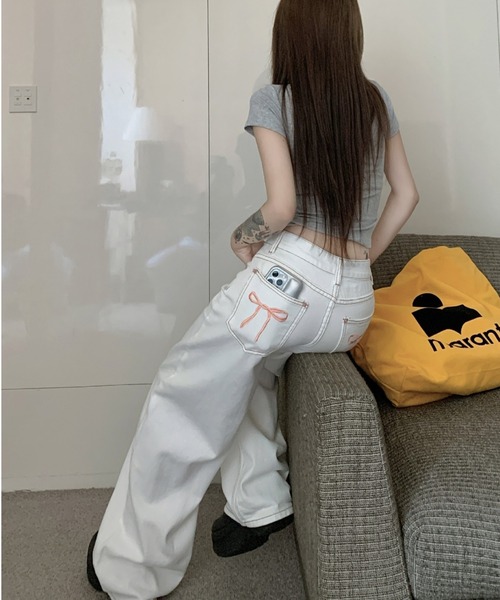 FREE STYLISTS(フリー スタイリスト)の「YUGA_YGMC Ribbon embroidery wide length denim pants(デニムパンツ・レディース・ホワイト・L/S/M)」の9枚目の写真