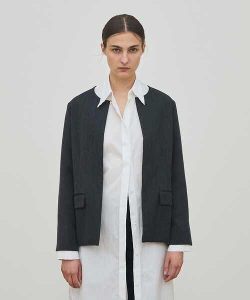 ウールファブリックコンビ クルーネックジャケット（ノーカラー
