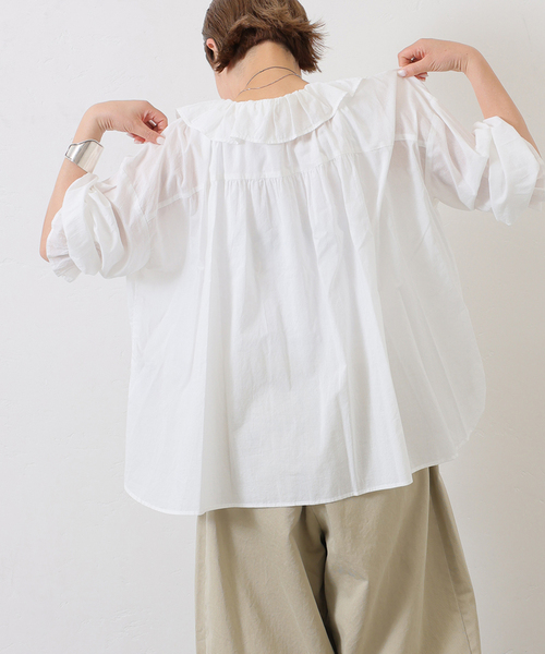 ジャーナルスタンダードラックス 25年 バンドカラー コットンフリルシャツ 白 ジャーナルスタンダードラックス 25年 バンドカラー コットン