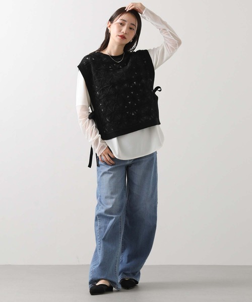 CLOCHE（クロシェ）の「袖シアー裾ラウンドT（Tシャツ/カットソー・レディース・オフホワイト/ブラック・FREE）」の6枚目の写真